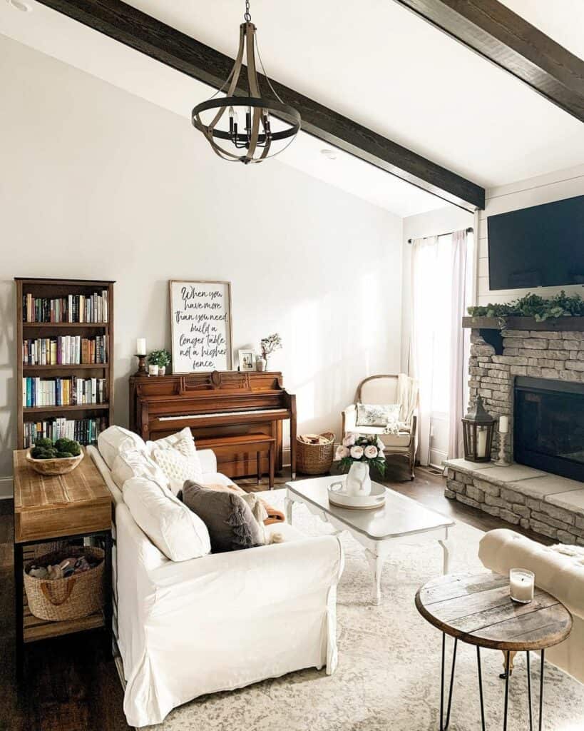 Dark Wood Beams on a White Living Room Ceiling