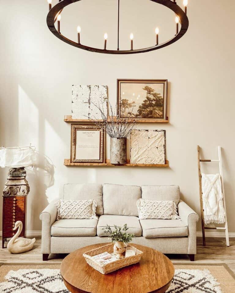 Décor for Wooden Shelves Above Sofa