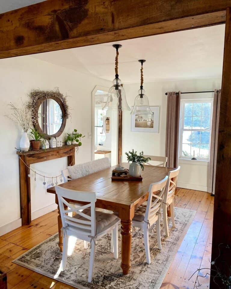 Dining Room With Stained Wood Faux Fireplace Mantel