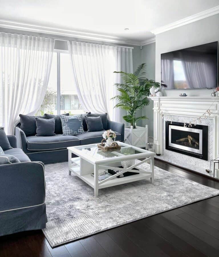 Dusty Blue Living Room Sofas With White Cord Edging