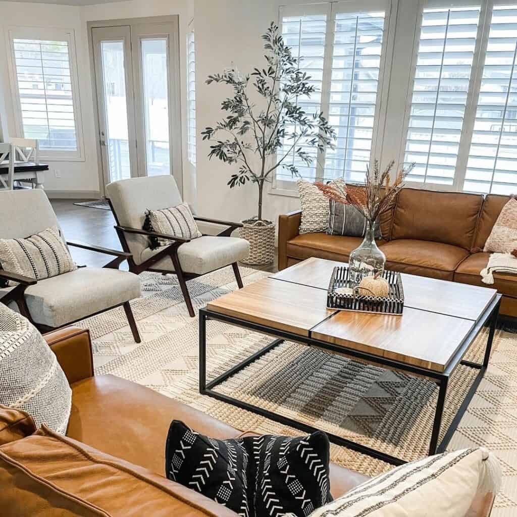 Earth Tone Living Room With Brown Leather Sofas