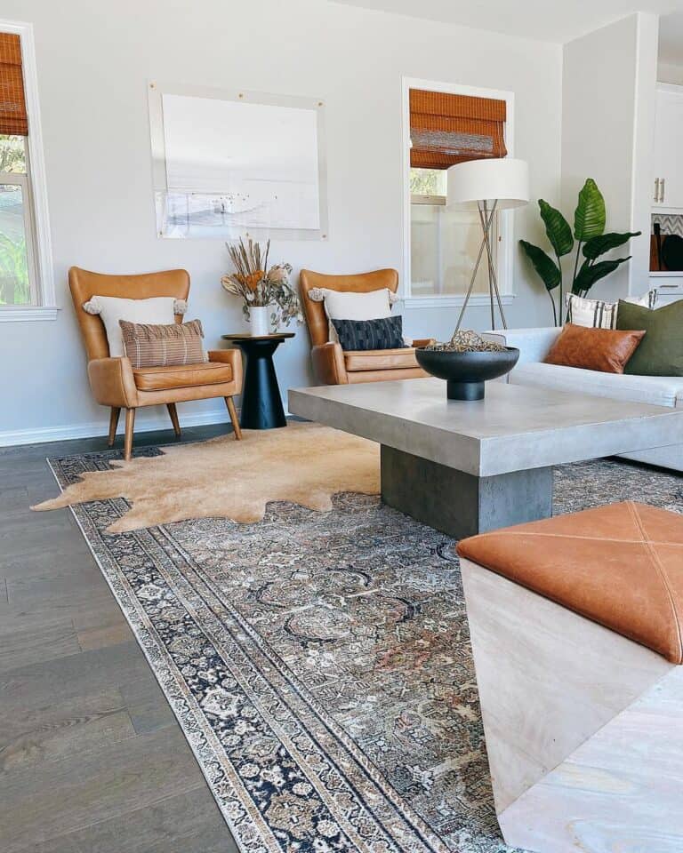 Earth Tone Living Room With Cowhide Rug