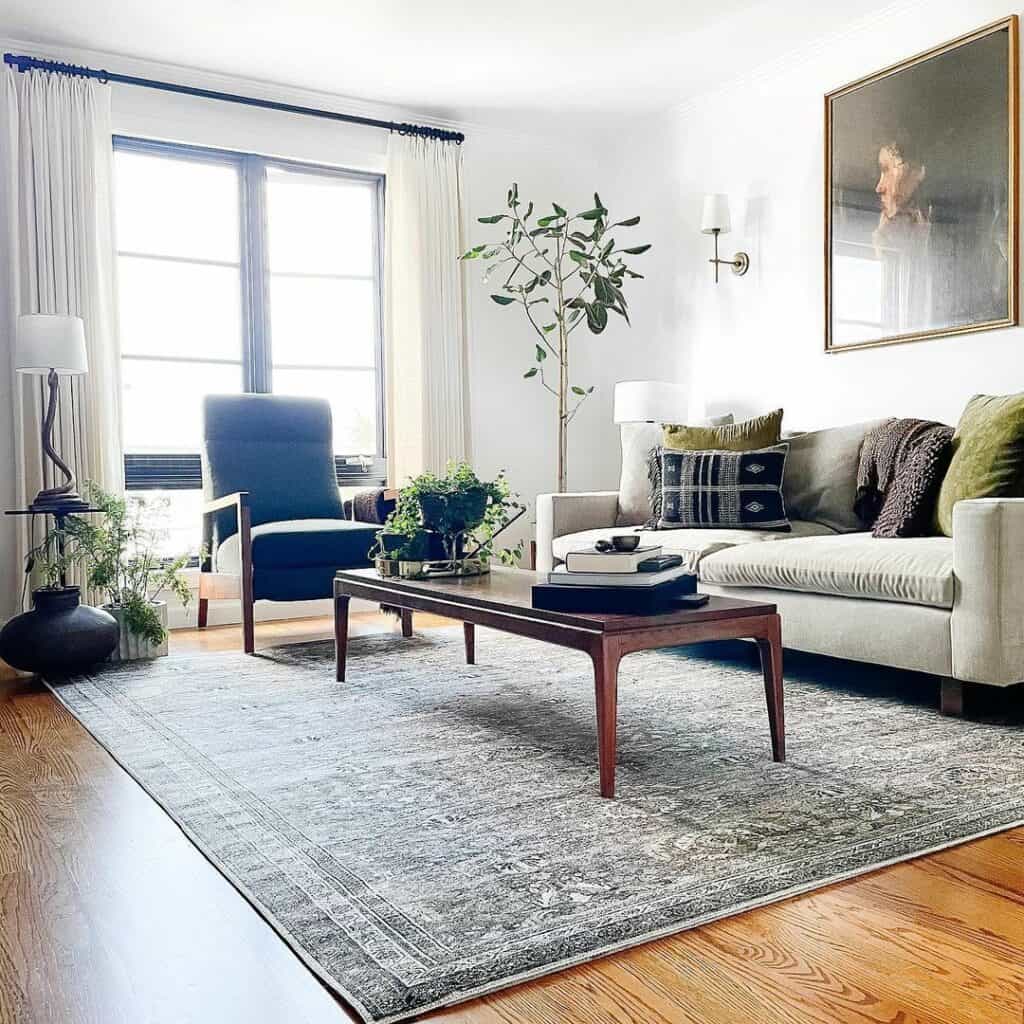 Earthy Living Room With Gray Vintage Area Rug