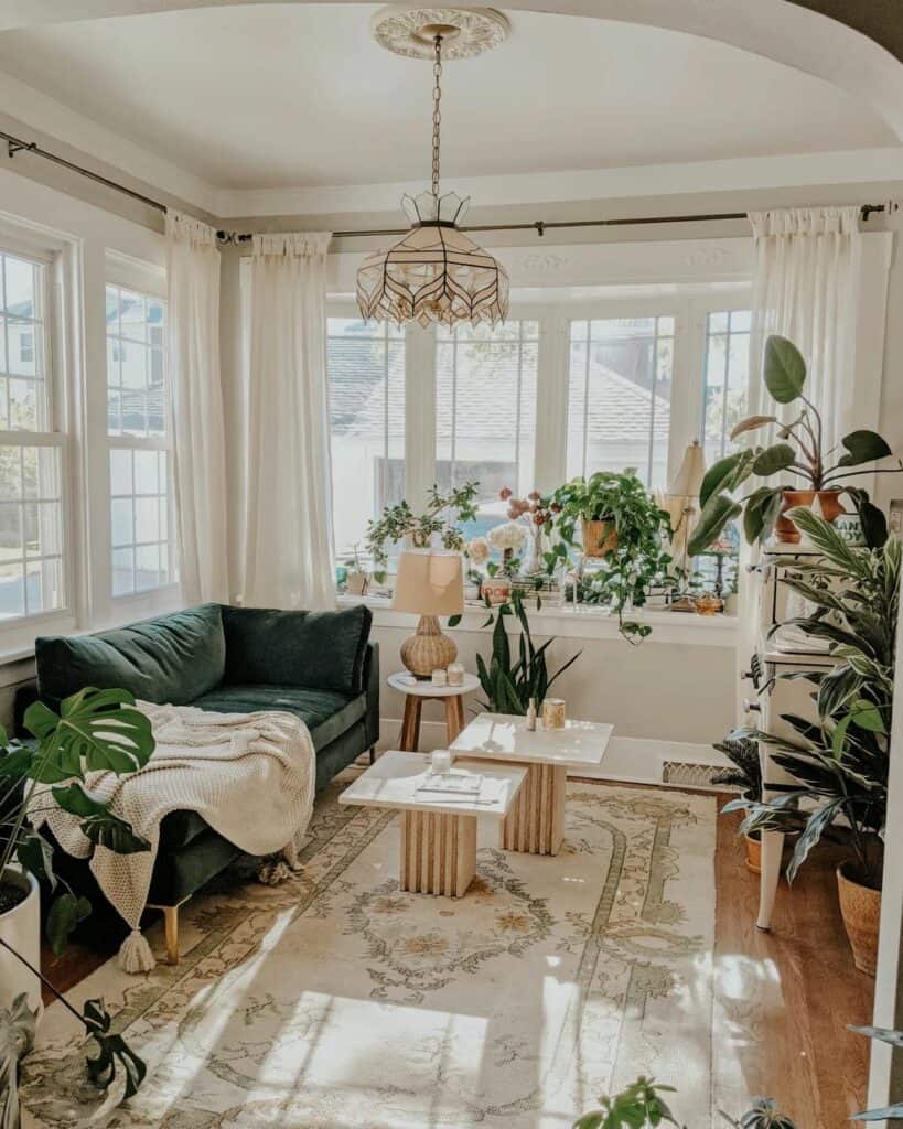Earthy Living Room With Green Velvet Sofa