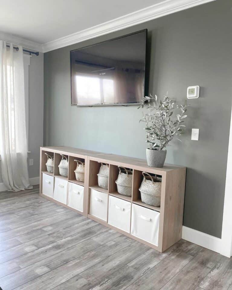 Entertainment Wall With Light Wood Cube Shelf