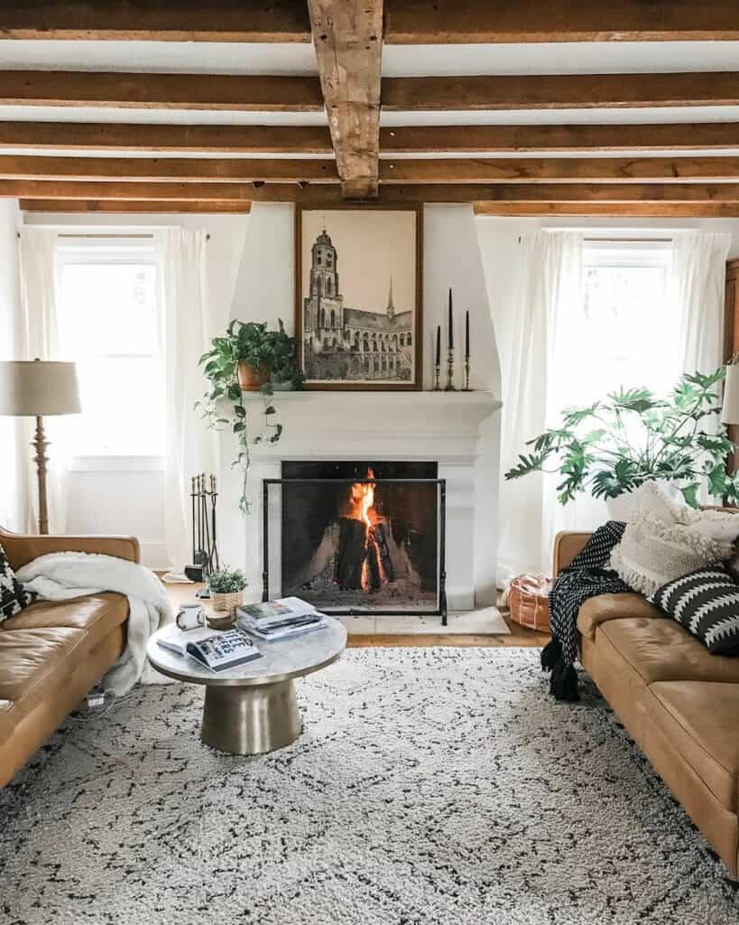 Exposed Natural Wood Beams in Farmhouse-style Living Room