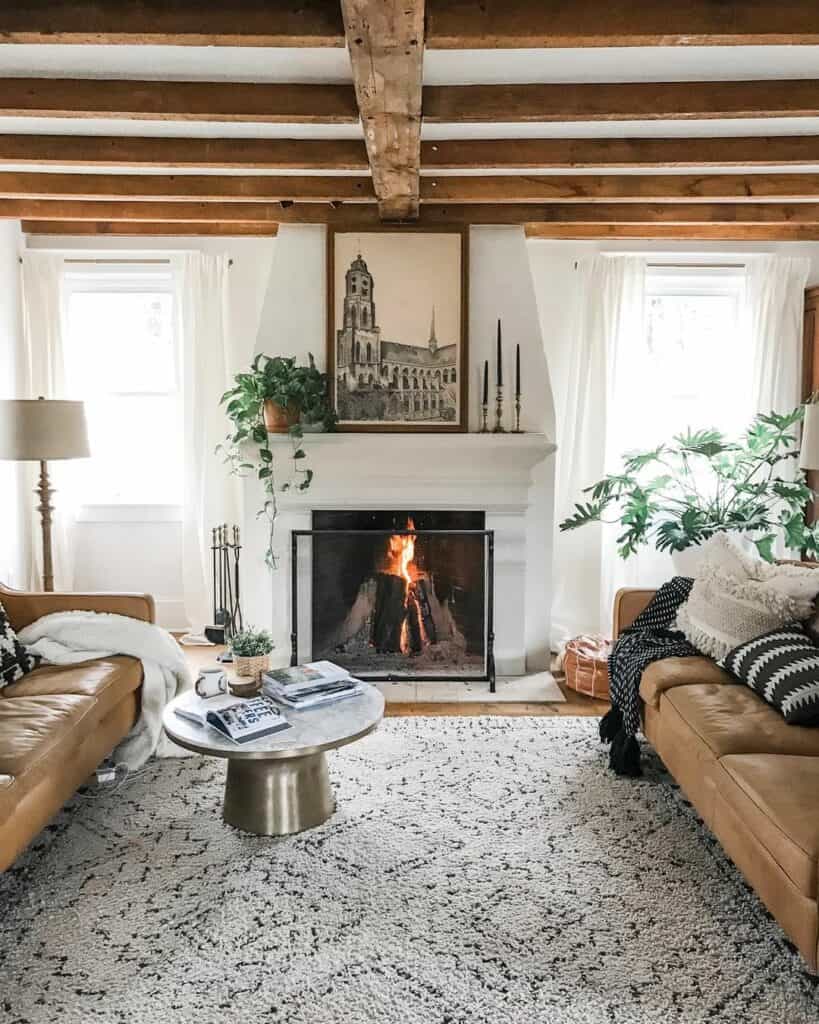 Exposed Natural Wood Beams in Farmhouse-style Living Room