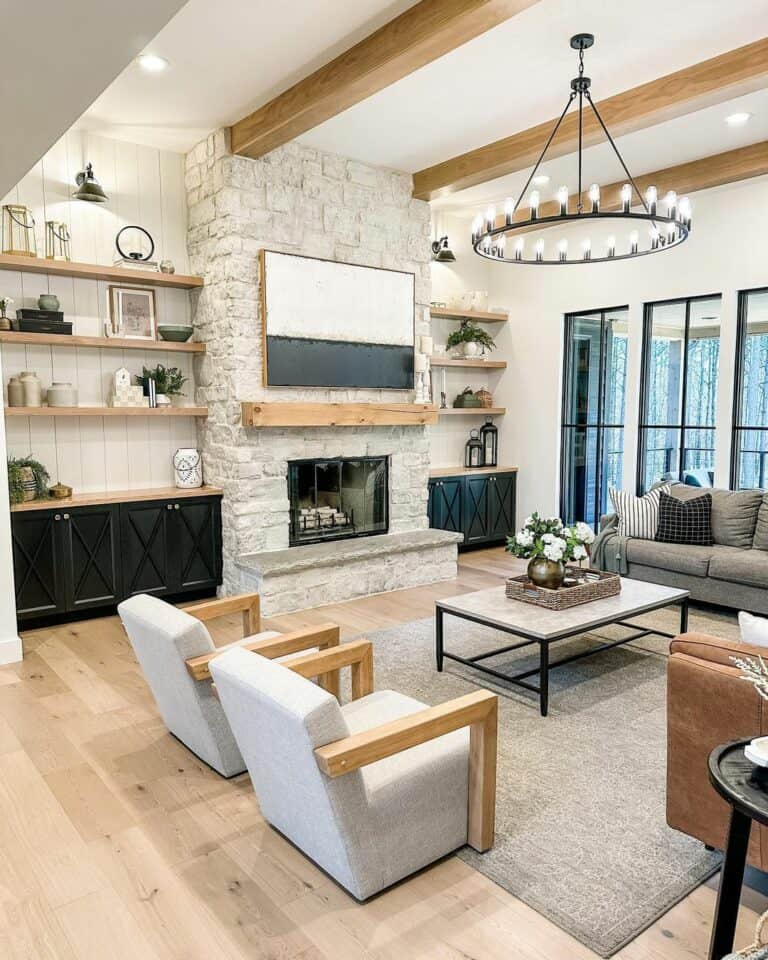 Exposed Wood Beams in a Living Room Ceiling