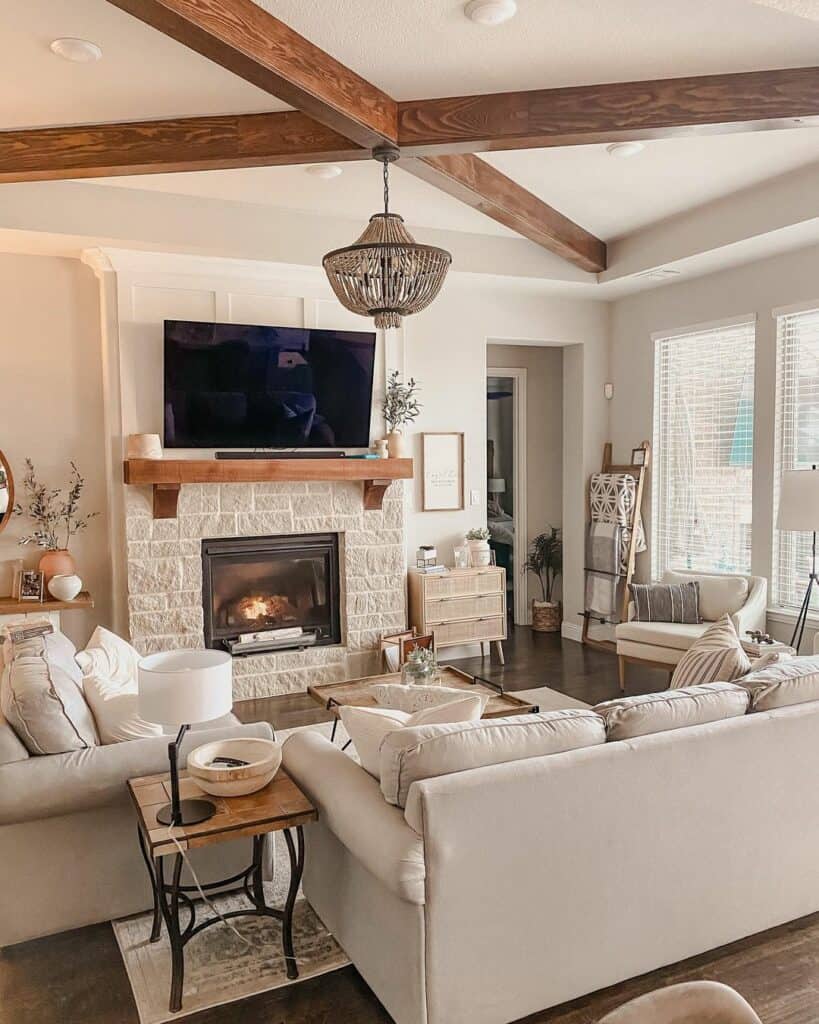 Exposed Wood Ceiling Beams in a Cozy Farmhouse Living Room