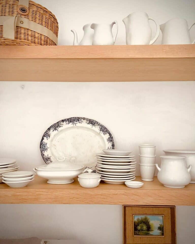 Extended Wood Shelves Topped With Tableware