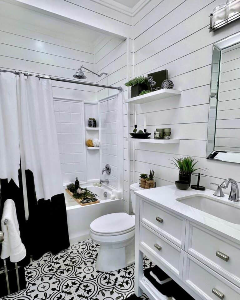 Farmhouse Accents in Black and White Bath