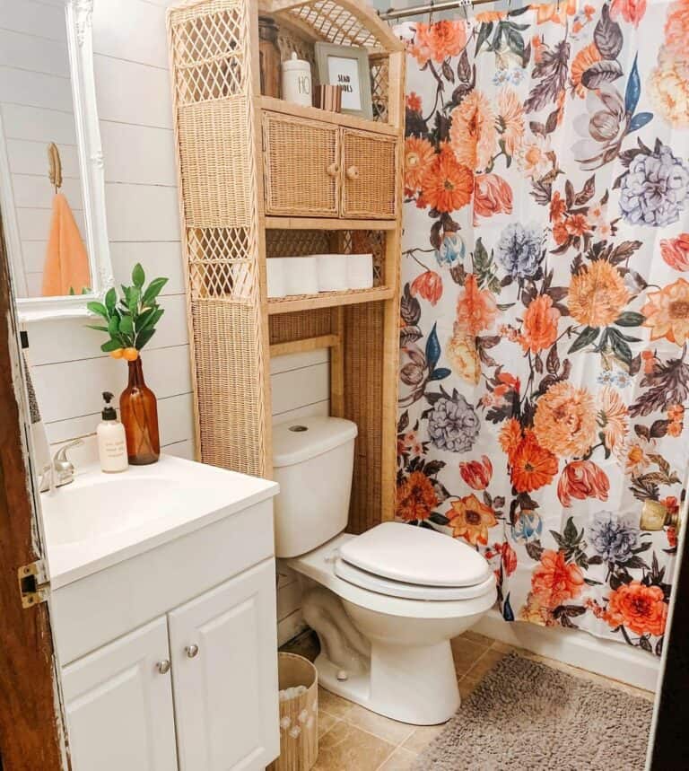 Farmhouse Bathroom With Floral Shower Curtain