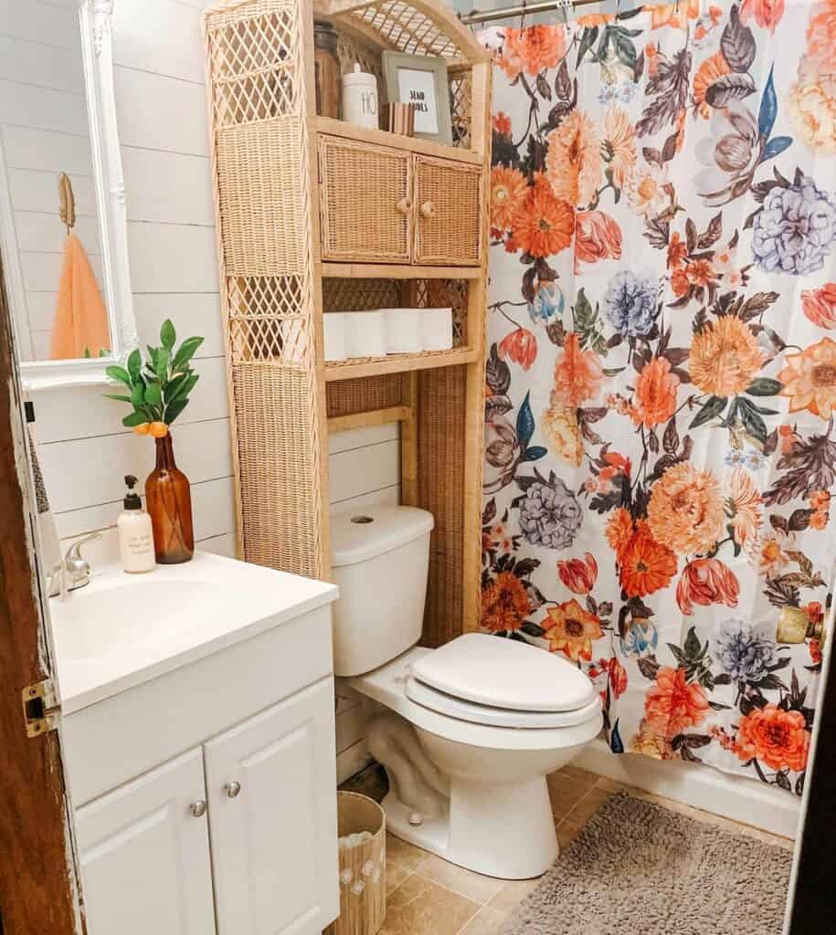 Farmhouse Bathroom With Floral Shower Curtain