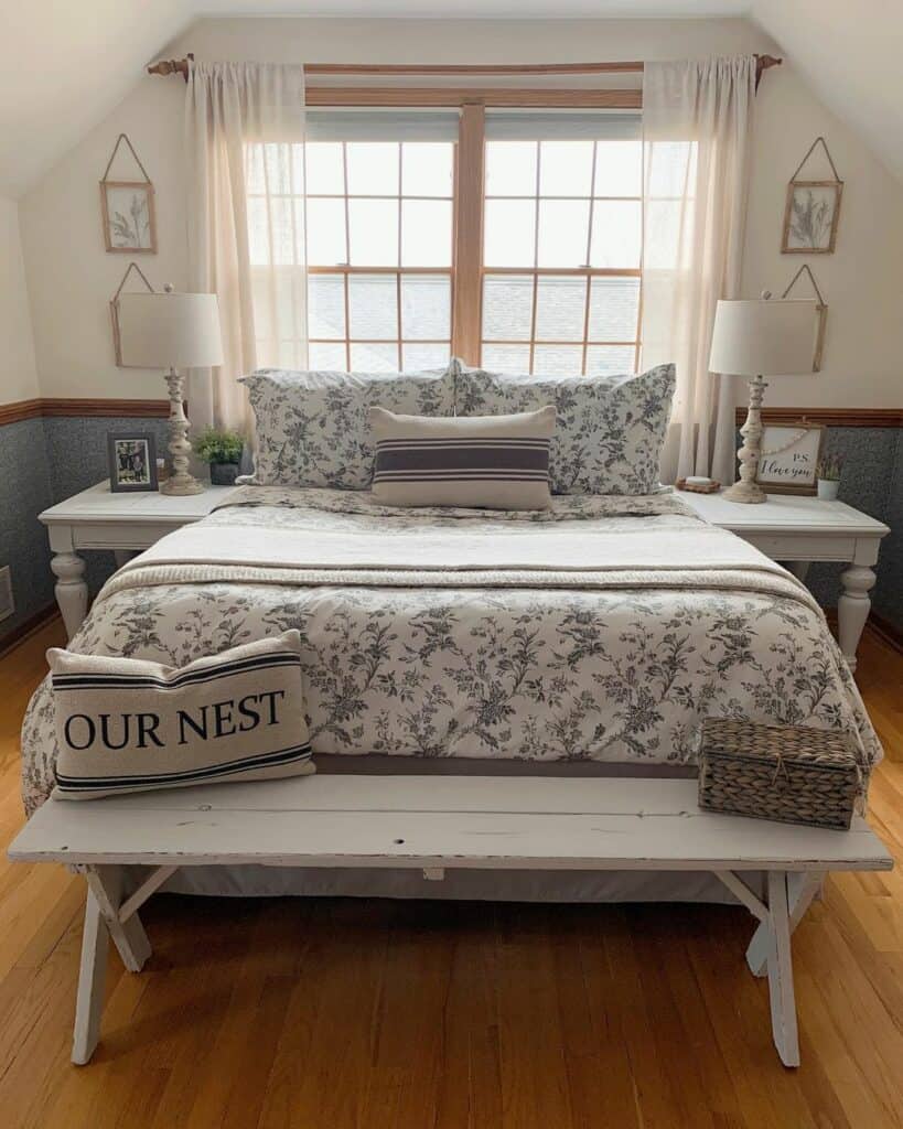 Farmhouse Bed Centered Along a French Bay Window