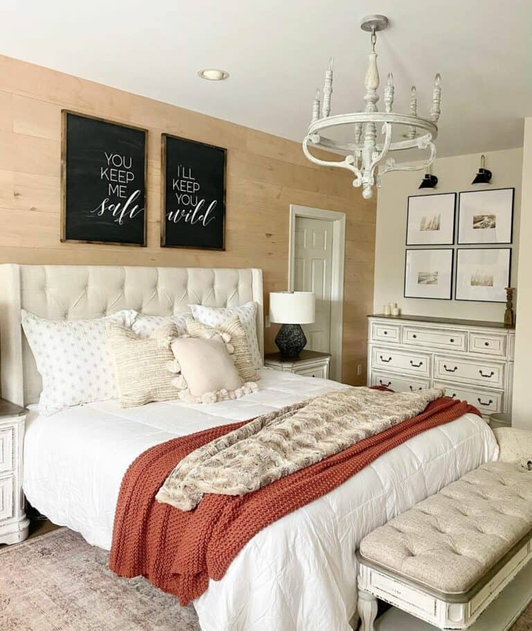 Farmhouse Bedroom Showcases Wood Accent Wall