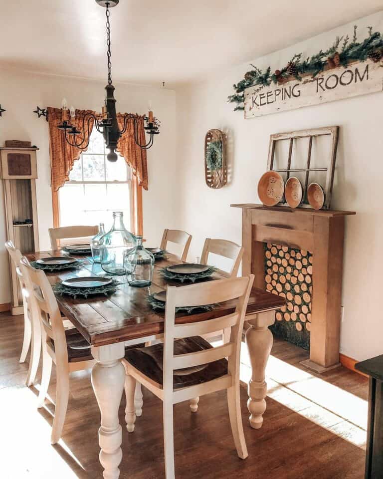 Farmhouse Dining Room With Faux Fireplace Mantel