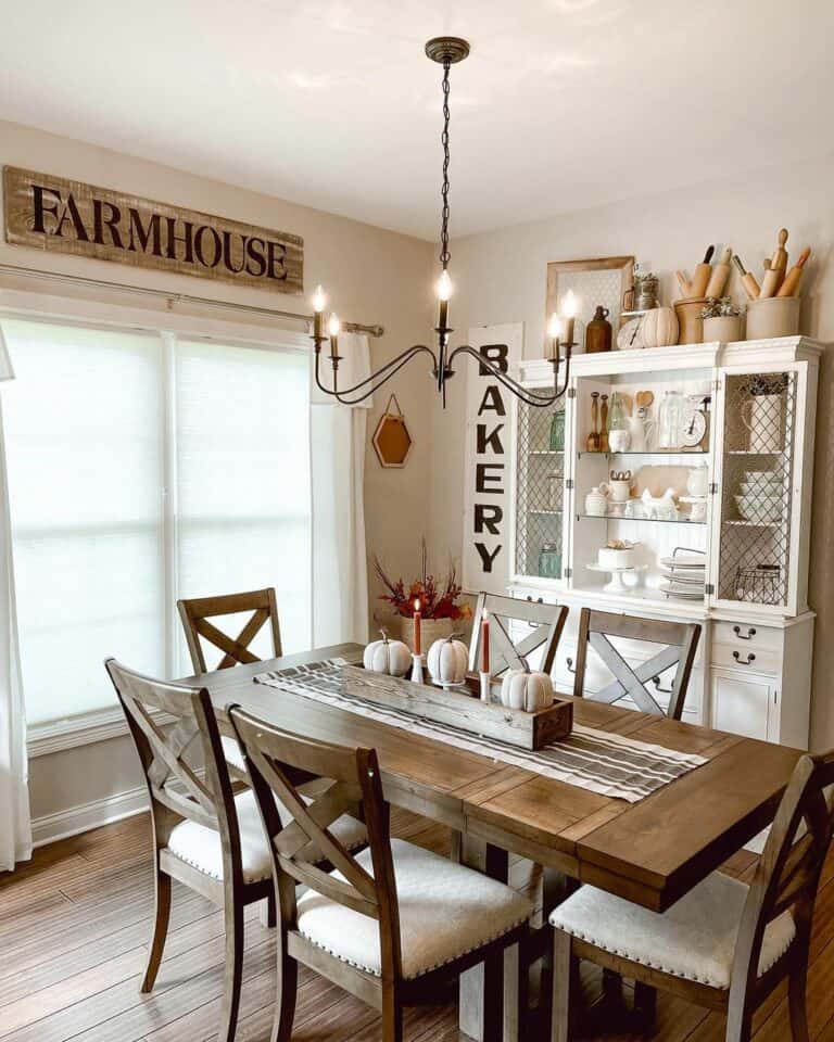 Farmhouse Dining Room With Stained Wood Dining Set