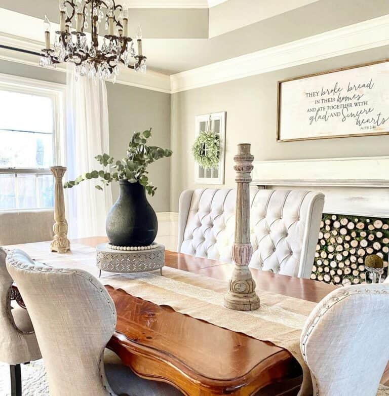 Farmhouse Dining Room With a Crystal Candelabra Chandelier