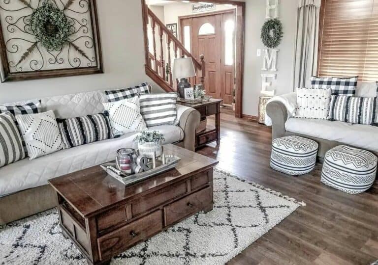 Farmhouse Living Room With Two Neutral Sofas