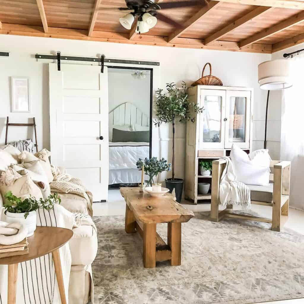 Farmhouse Wood-paneled Living Room Ceilings