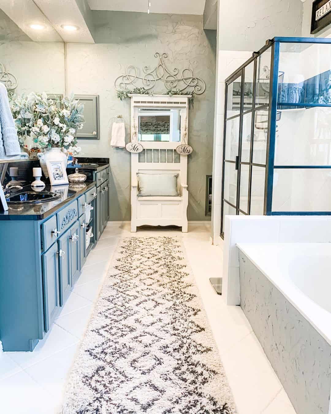 Farmhouseinspired Bathroom With Striking Blue Vanity Soul & Lane