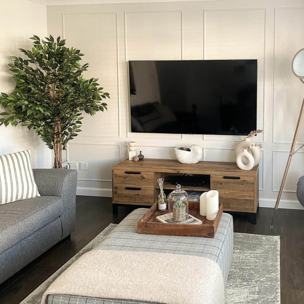 Farmhouse-style Living Room With Light Walnut TV Console