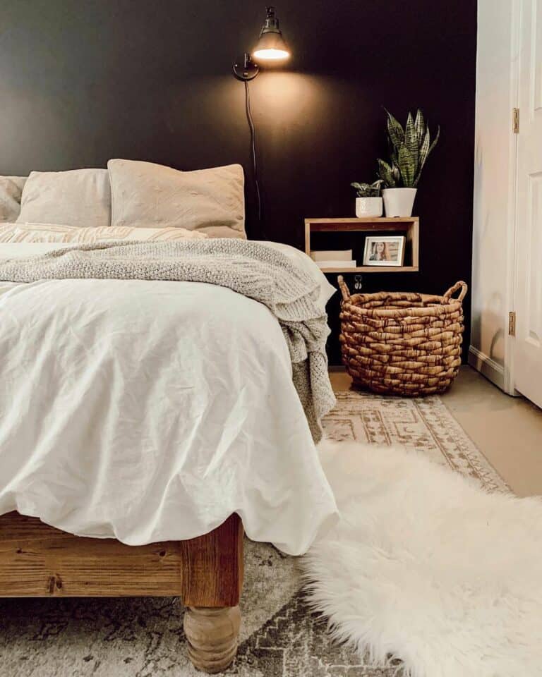 Feminine Black and White Bedroom With Fur Rug