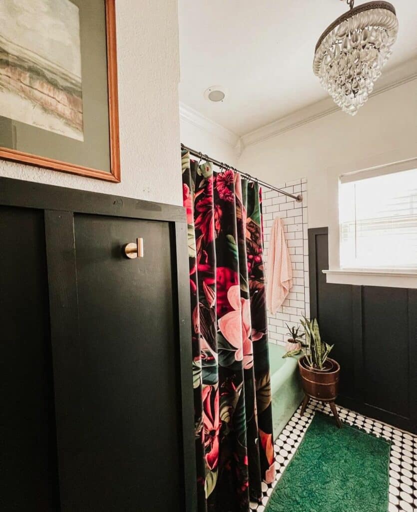 Floral Shower Curtain Above Emerald Green Mat