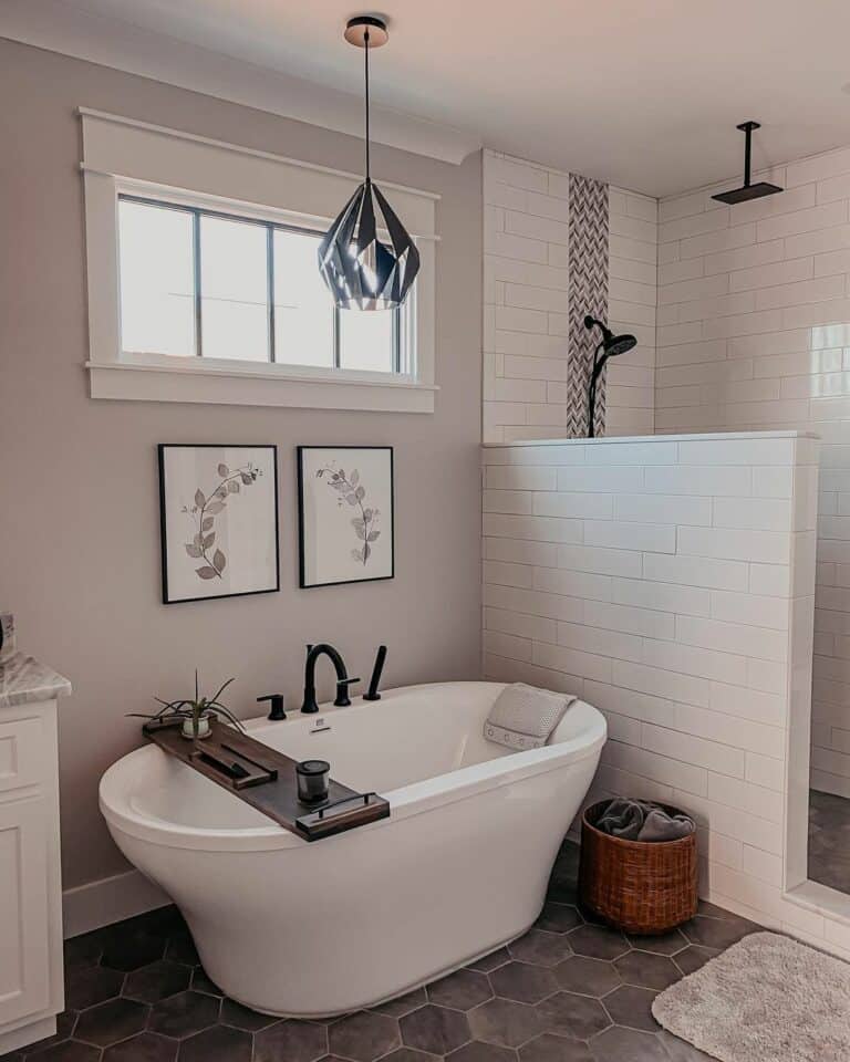 Freestanding Bathtub and Light Gray Walls