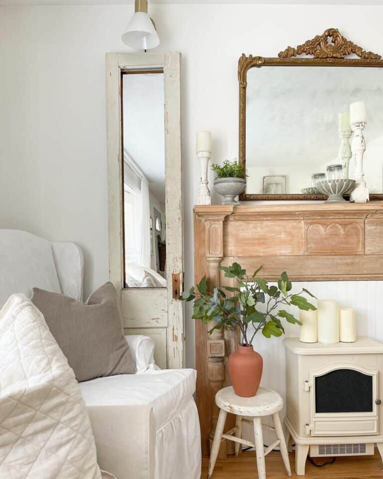 Freestanding Fireplace Beneath Wood Mantel