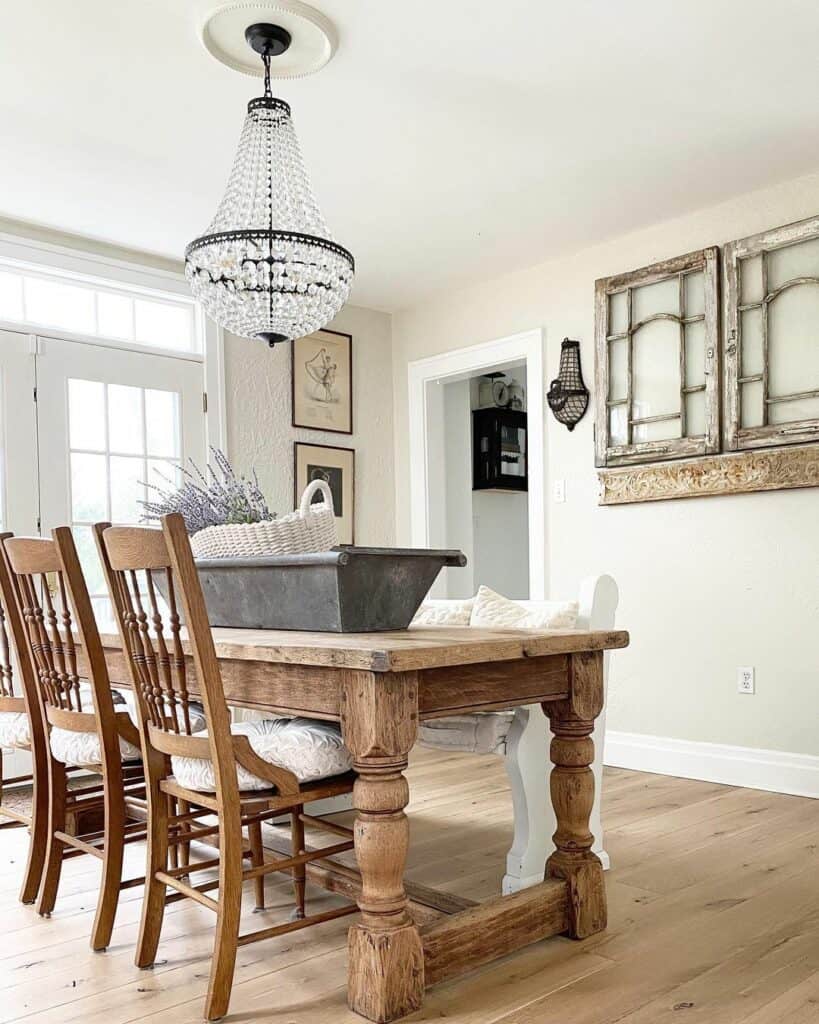 French Farmhouse Dining Room With Crystal Chandelier