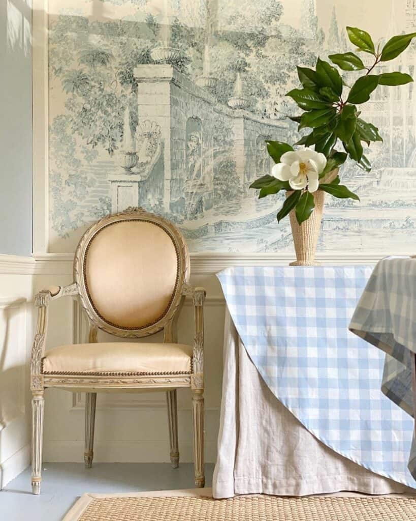 Grand Millenial Style Room With Light Blue Tablecloth