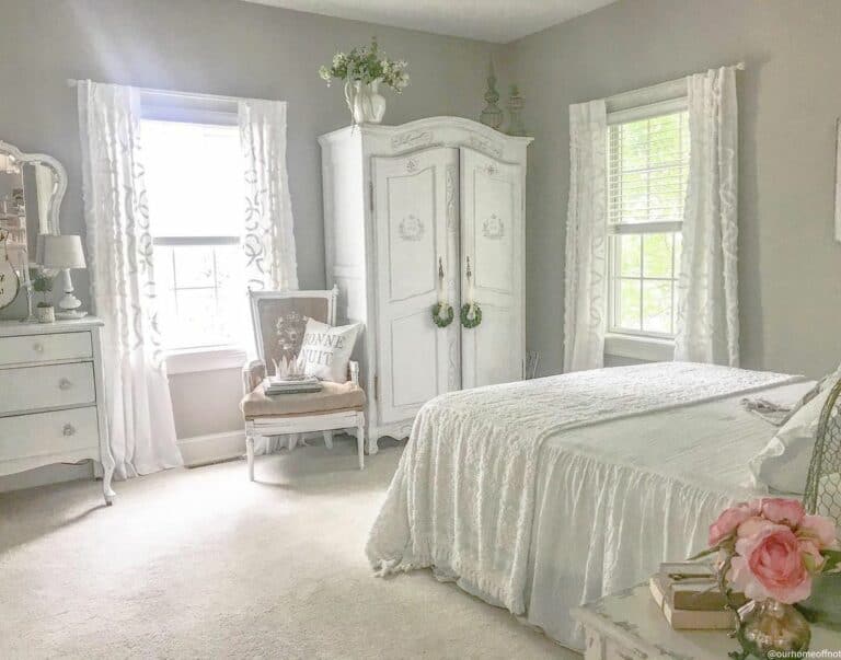 Gray Bedroom With Antique White Armoire