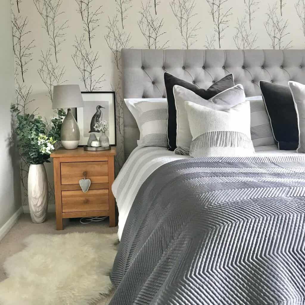 Gray Bedroom With Twig Print Wallpaper