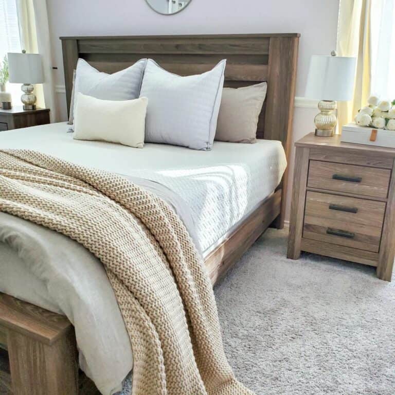 Gray Carpet Hosts Wood Nightstands