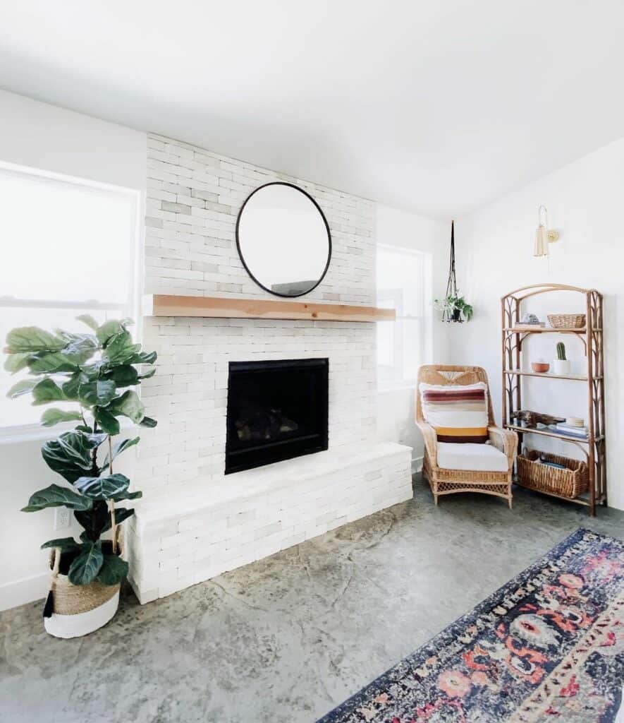 Gray Carpet Living Room With Brick Fireplace