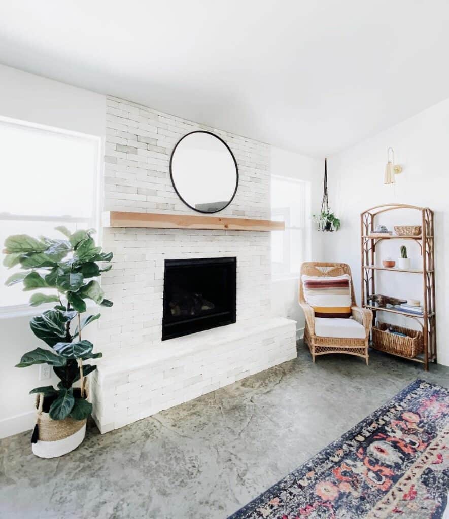 Gray Carpet Living Room With Brick Fireplace