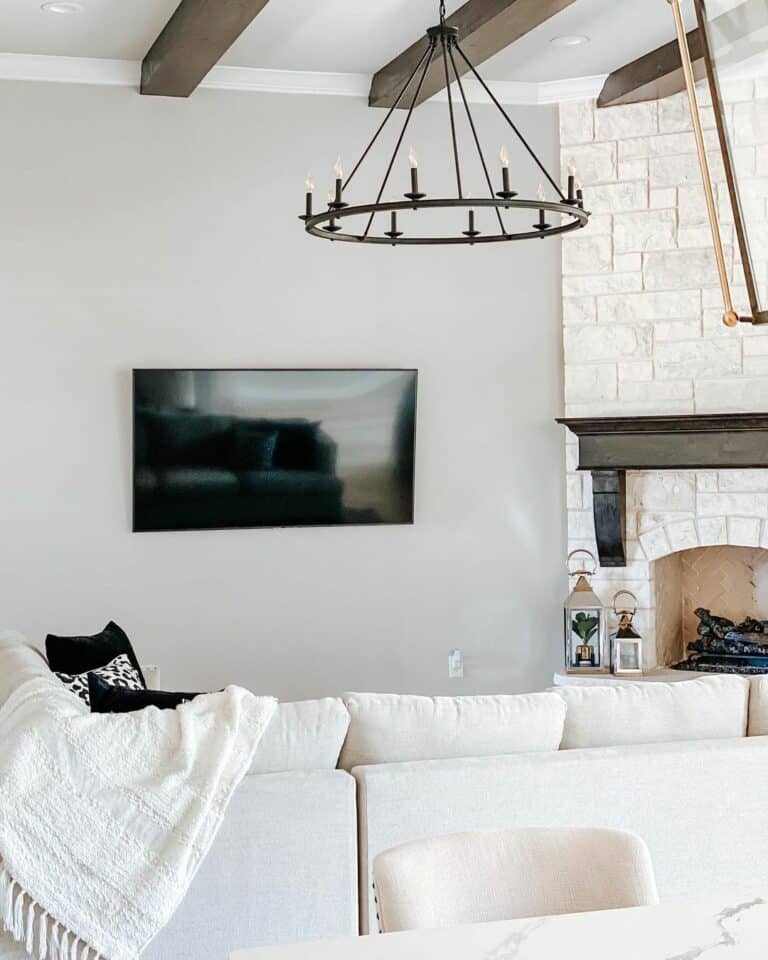 Gray Farmhouse Living Room With Wall Mounted TV