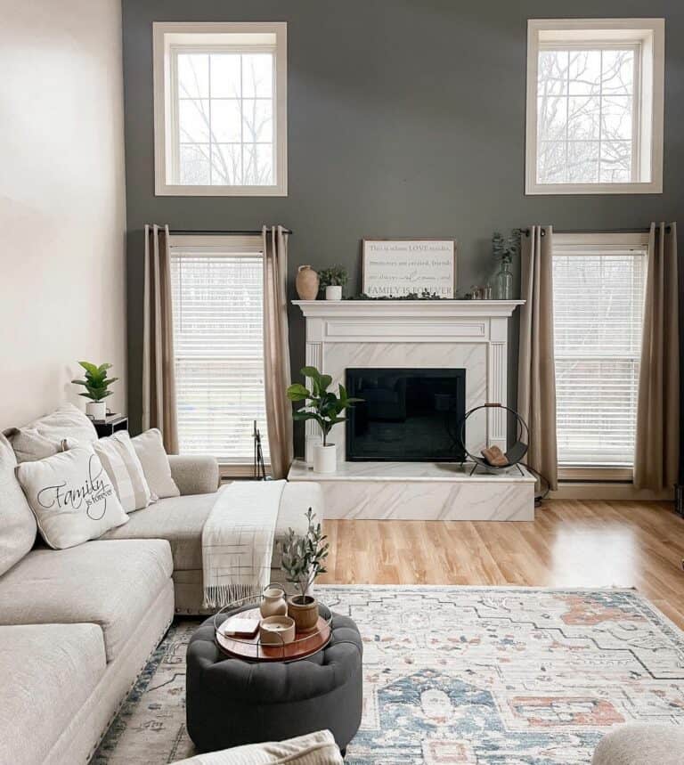 Gray Living Room Feature Wall With White Fireplace