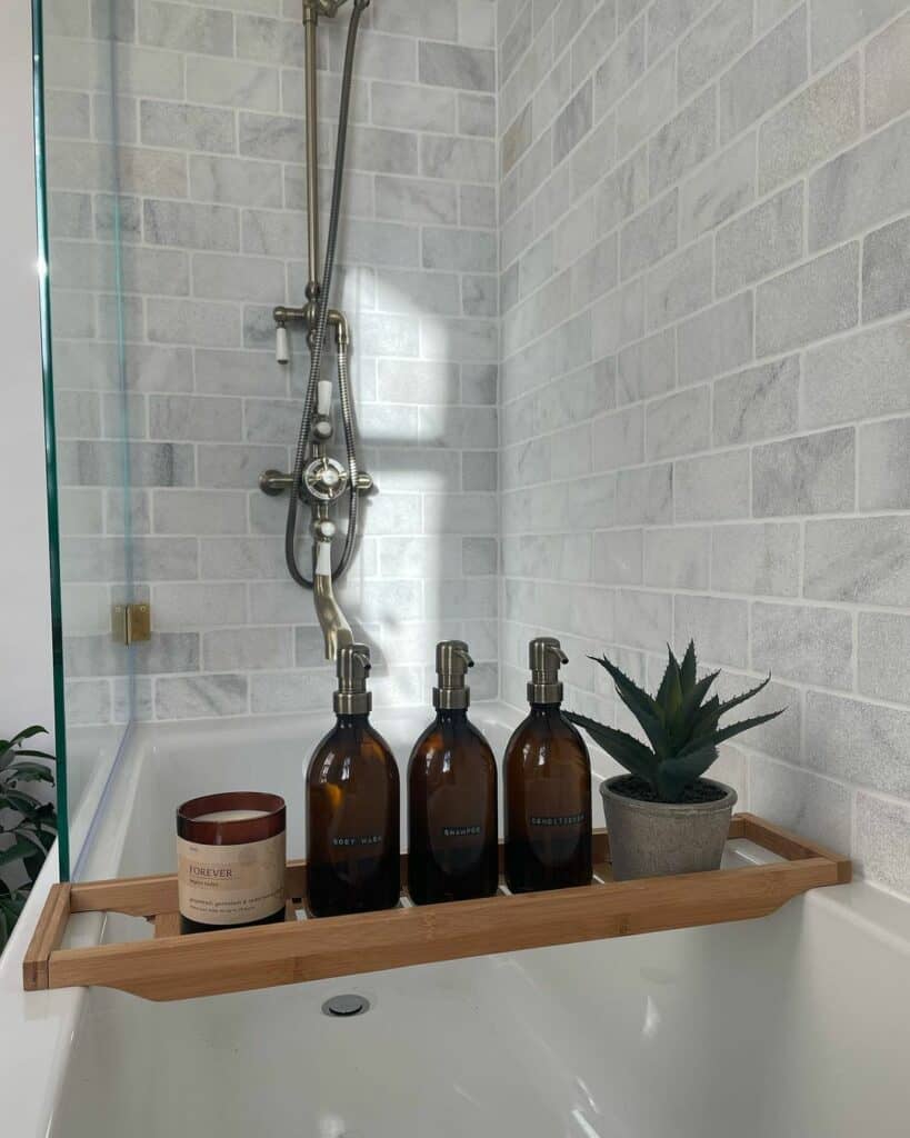 Gray Marble Wall Tiles With Wooden Bath Caddy