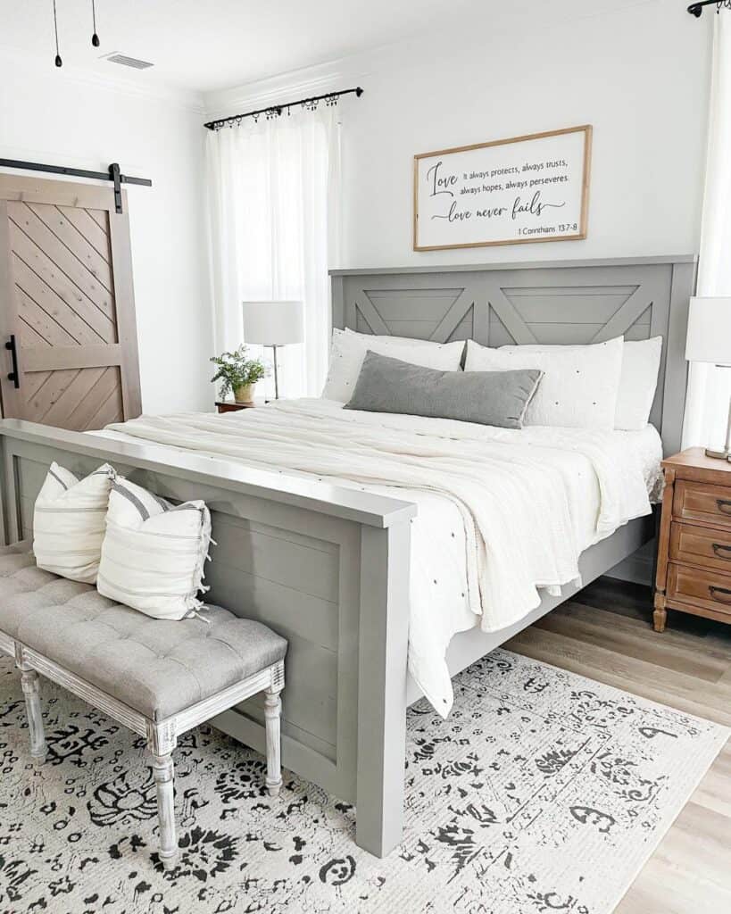 Gray Painted Wood Bed With White Bedding