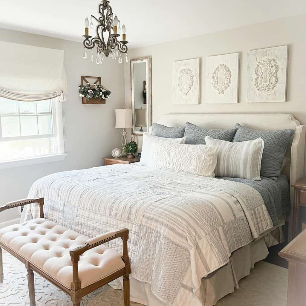Gray and Beige Bedroom With Bench