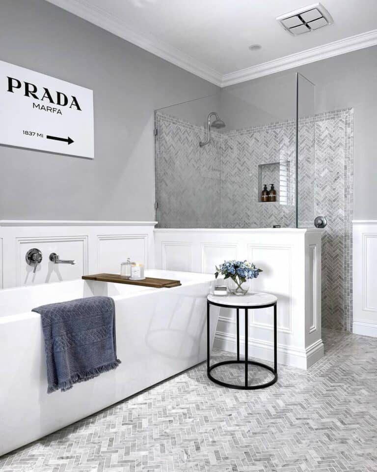 Gray-toned Bathroom With Herringbone Patterns
