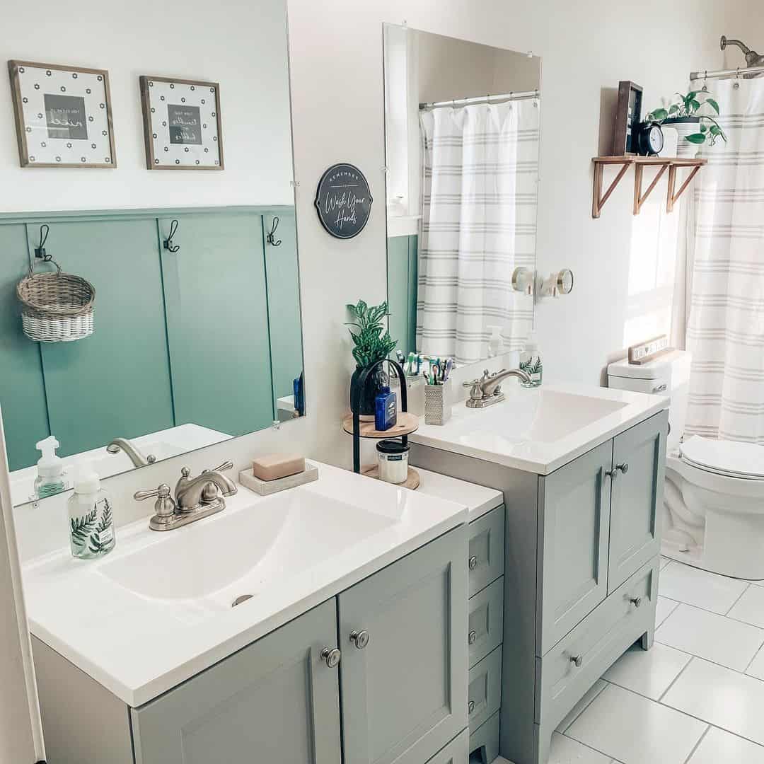 Green Board and Batten Bathroom With Double Vanities Soul & Lane
