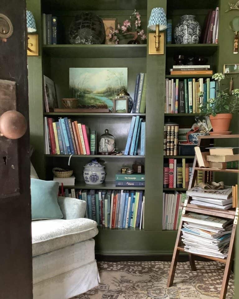 Green Home Library With Wooden Ladder Shelf