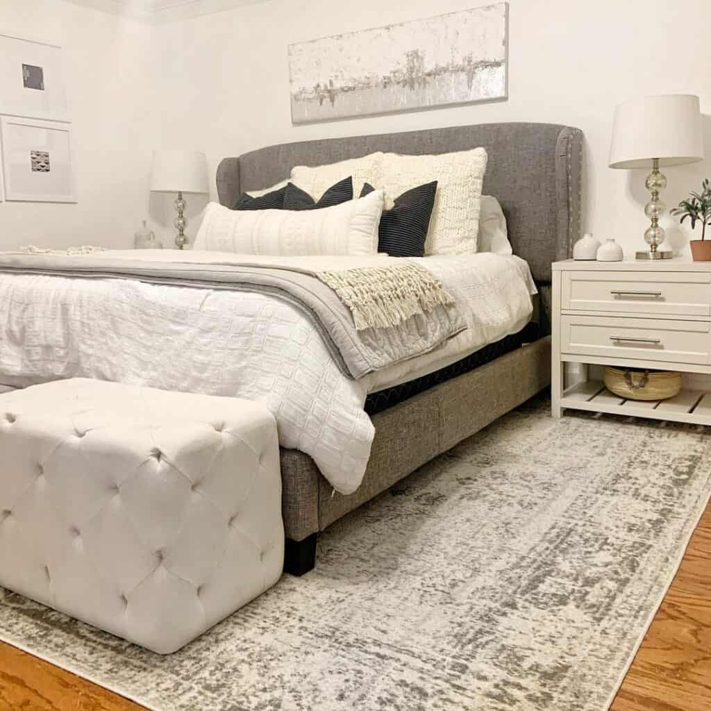 Grey Bed With Ivory Tufted Ottoman