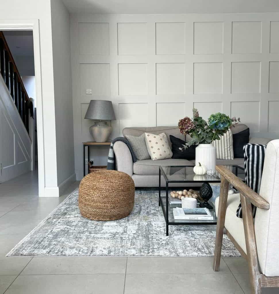Grey Living Room With Square Wall Paneling