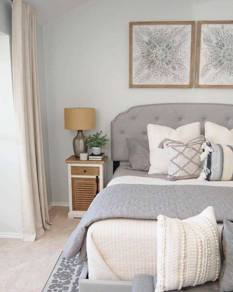 Grey and Beige Bed With Two-toned White Nightstand