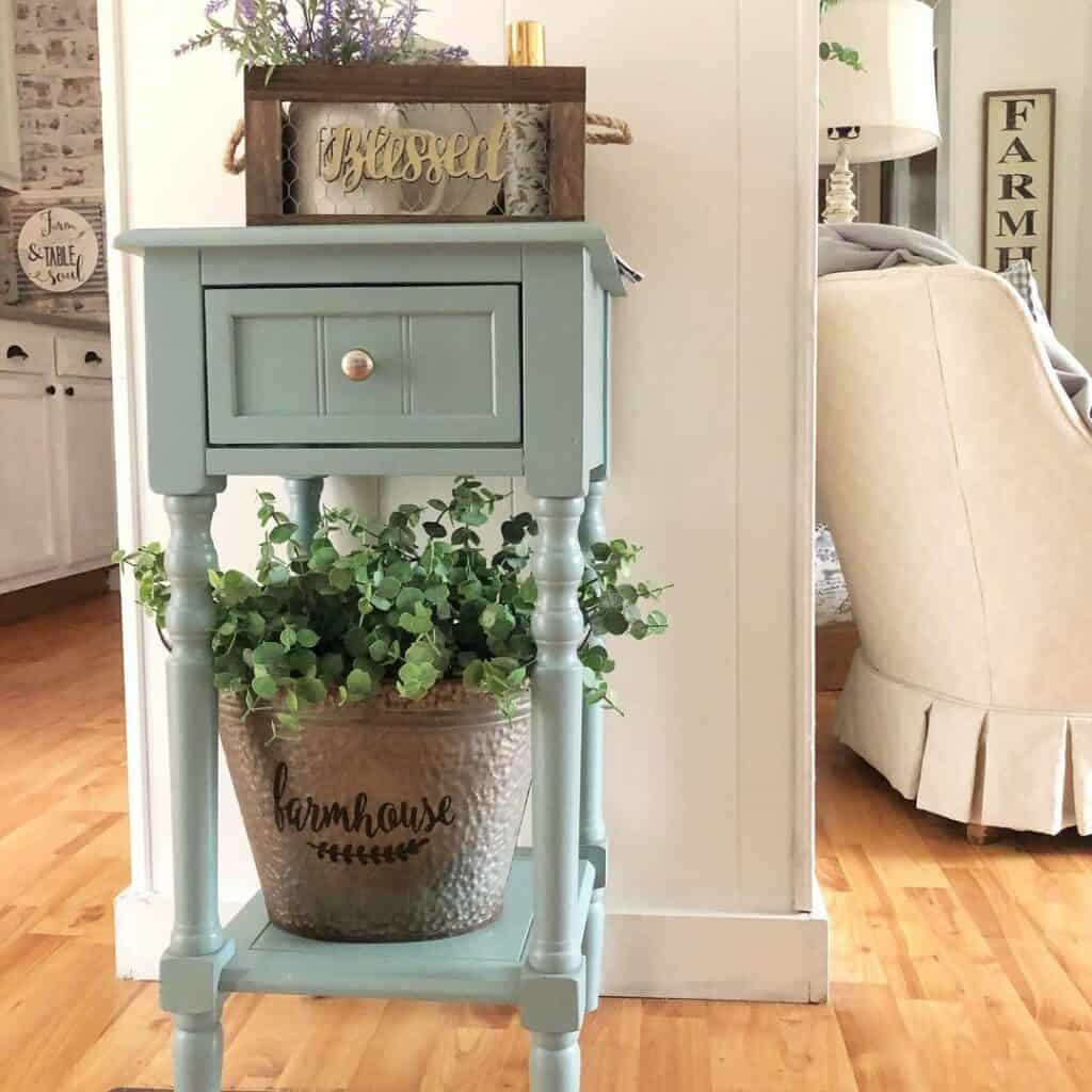 Hallway With Pastel Green Cabinet