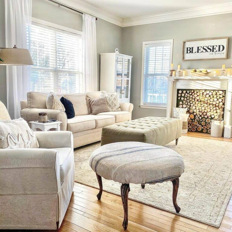 Hearth and Ivory Furniture in Airy Living Room